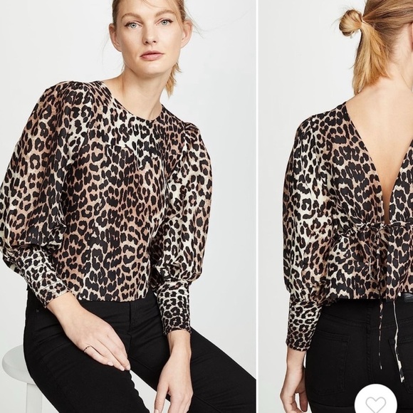 GANNI Cedar Tie-Back Leopard Print Puff Sleeve Linen and Silk Blend Blouse EU 38 - Picture 1 of 11